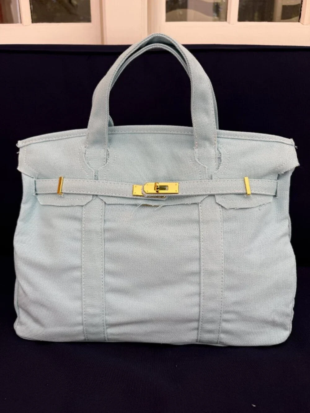 NWOT Boatkin Birkin Canvas Bag Tote Light Blue Gold Color Hardware
